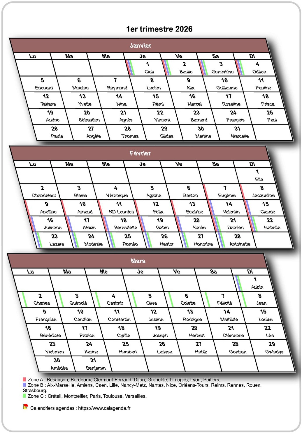 Calendrier 2026 trimestriel 3D