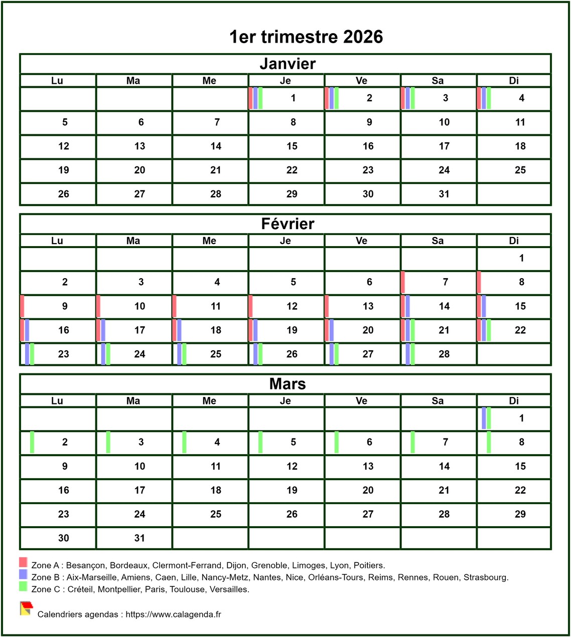Calendrier 2026 à imprimer trimestriel, format mini de poche, avec les vacances scolaires Calendrier 2026 à imprimer trimestriel, format mini de poche, avec les vacances scolaires