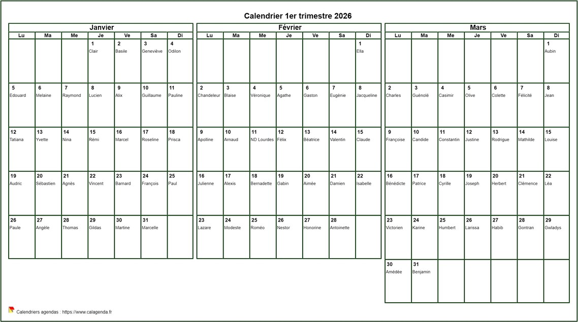 Calendrier 2026 à imprimer trimestriel, format paysage, avec les fêtes