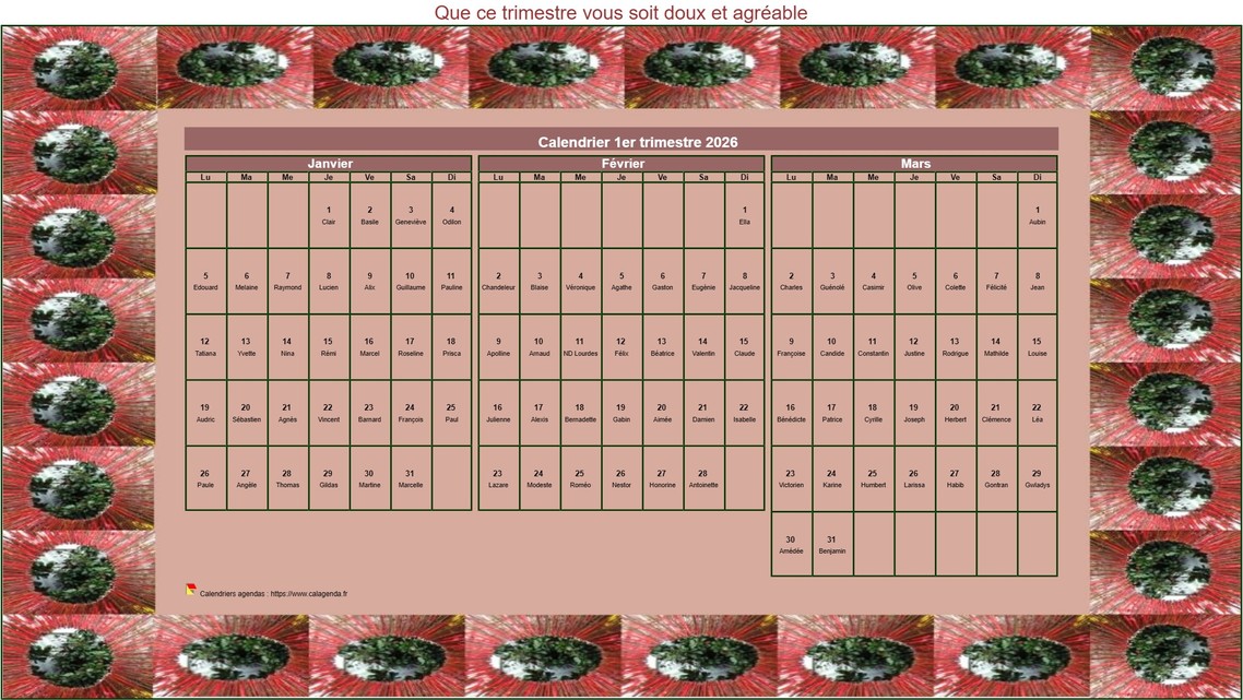Calendrier 2026 à imprimer décoratif trimestriel, format paysage, avec un cadre photo