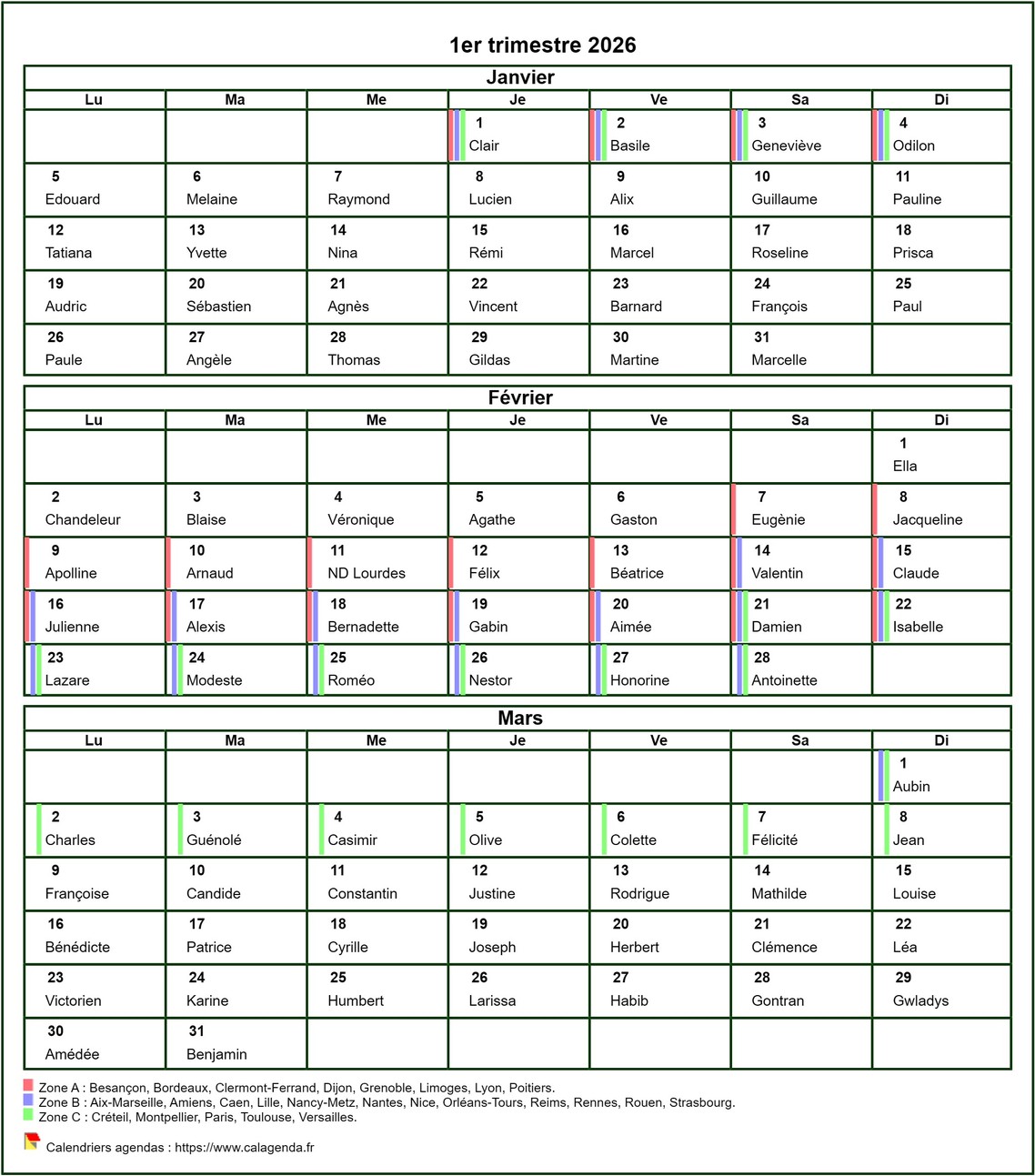 Calendrier 2026 à imprimer trimestriel, format portrait, avec les fêtes et les vacances scolaires