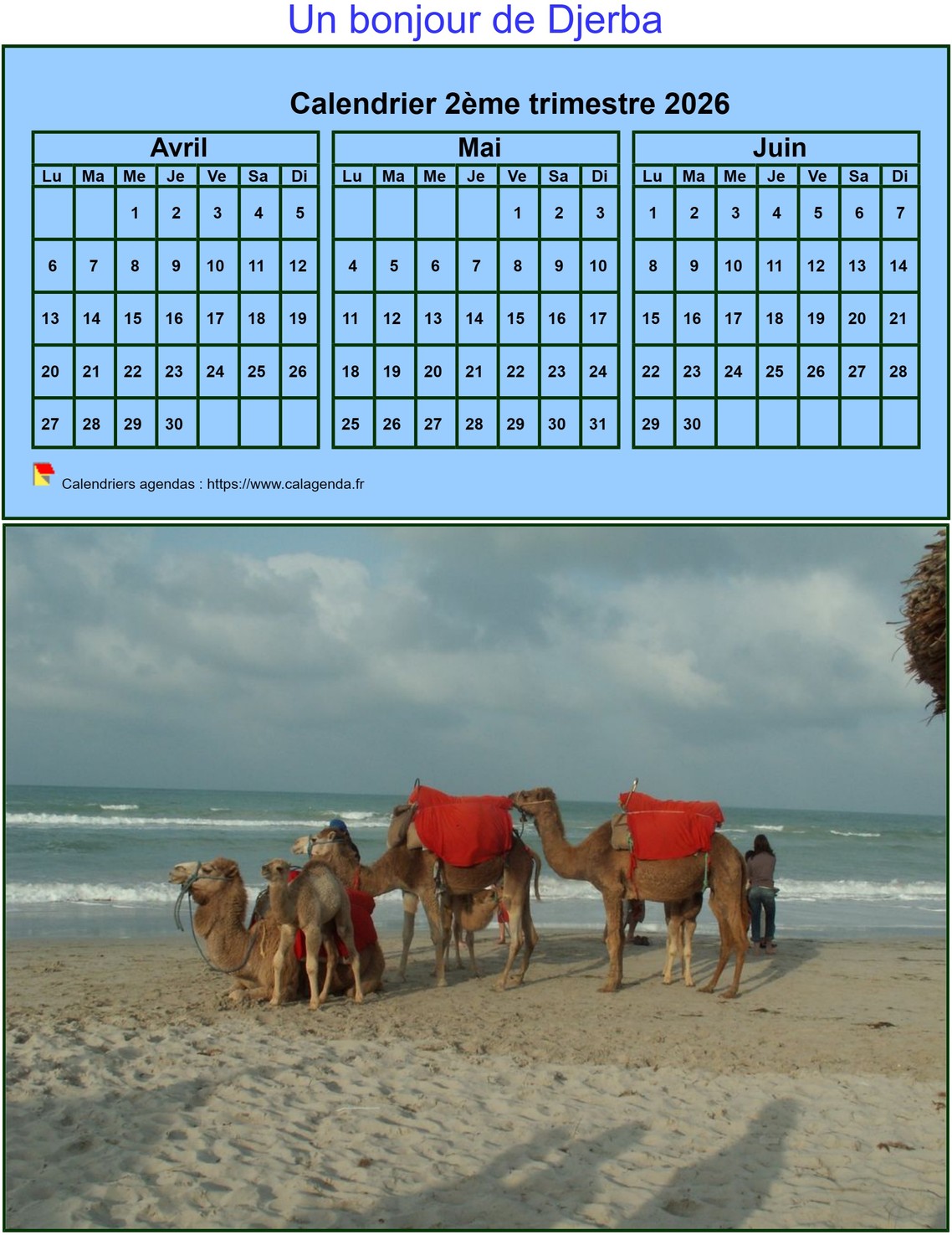 Calendrier 2026 à imprimer trimestriel, format mini, fond bleu, avec photo