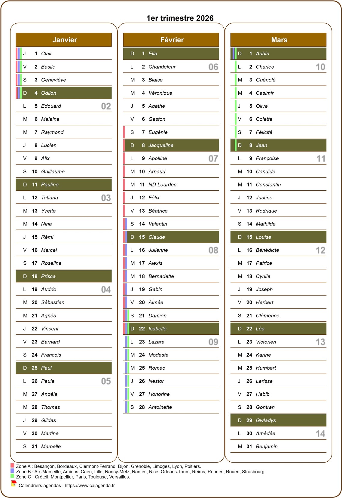 Calendrier 2026 trimestriel avec agenda détaillé, format portrait, une colonne par mois