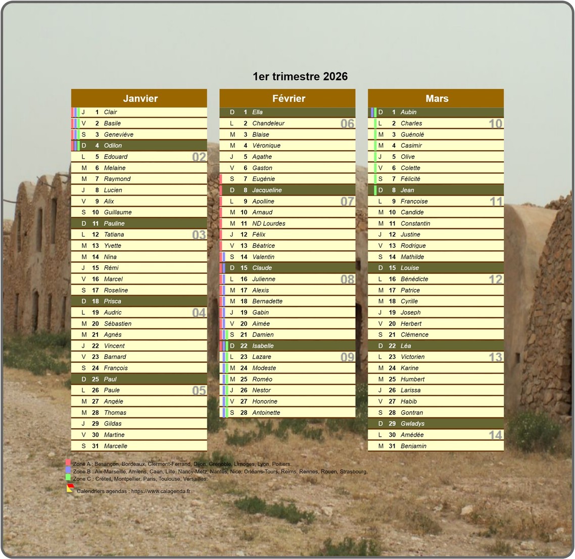 Calendrier 2026 trimestriel décoratif avec photo, format portrait, une colonne par mois