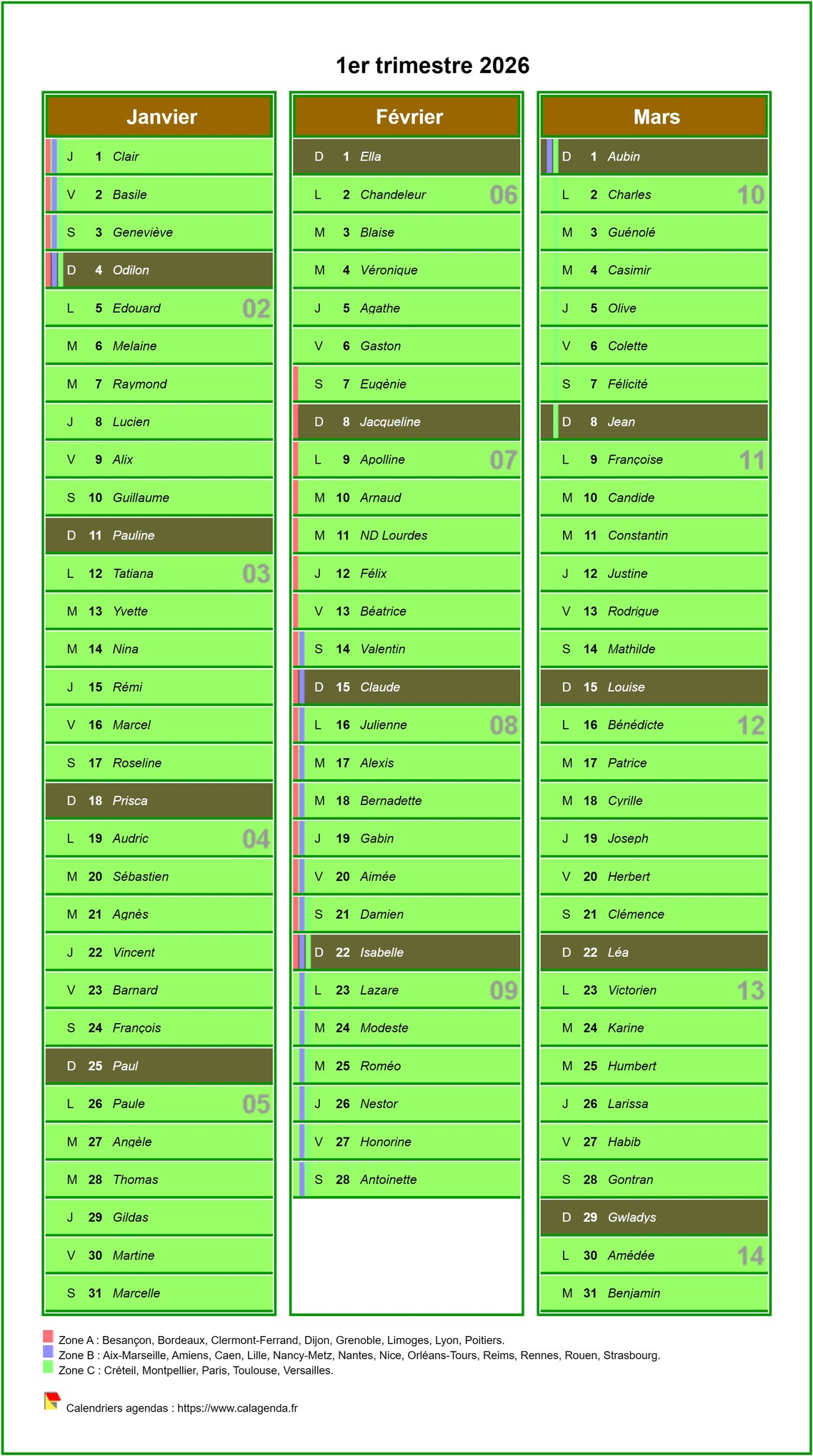 Calendrier 2026 par défaut du calendrier agenda trimestriel civil, une colonne par mois