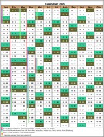 Calendrier 2026 annuel, 12 colonnes, avec les vacances scolaires