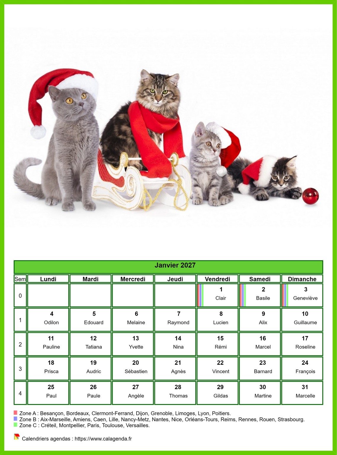 Calendrier janvier 2027 chats