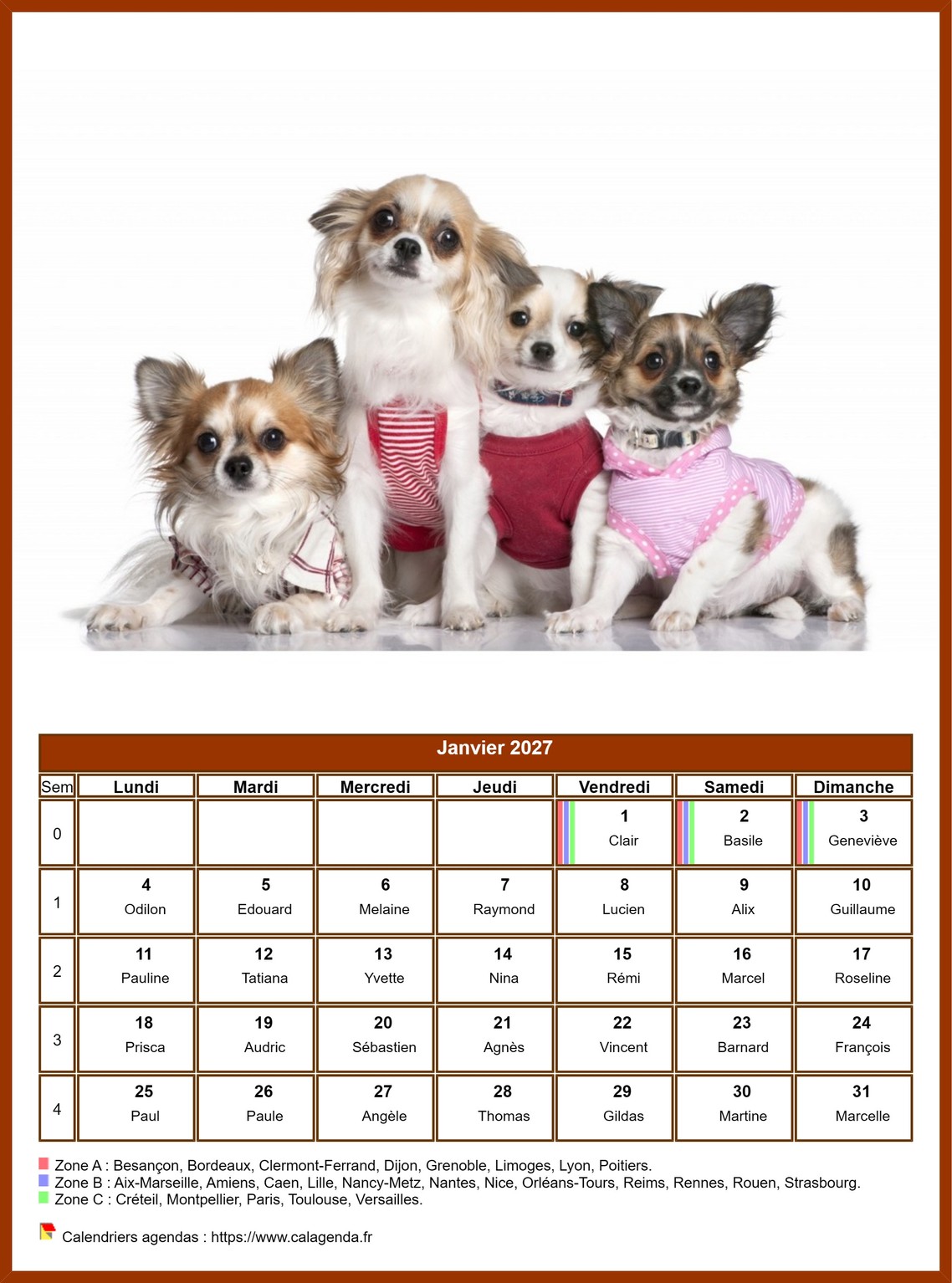 Calendrier janvier 2027 chiens