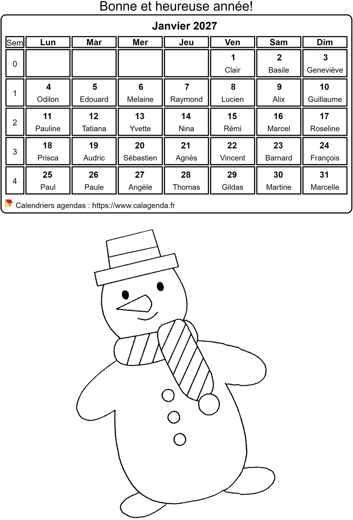 Calendrier 2027 à colorier du mois de janvier
