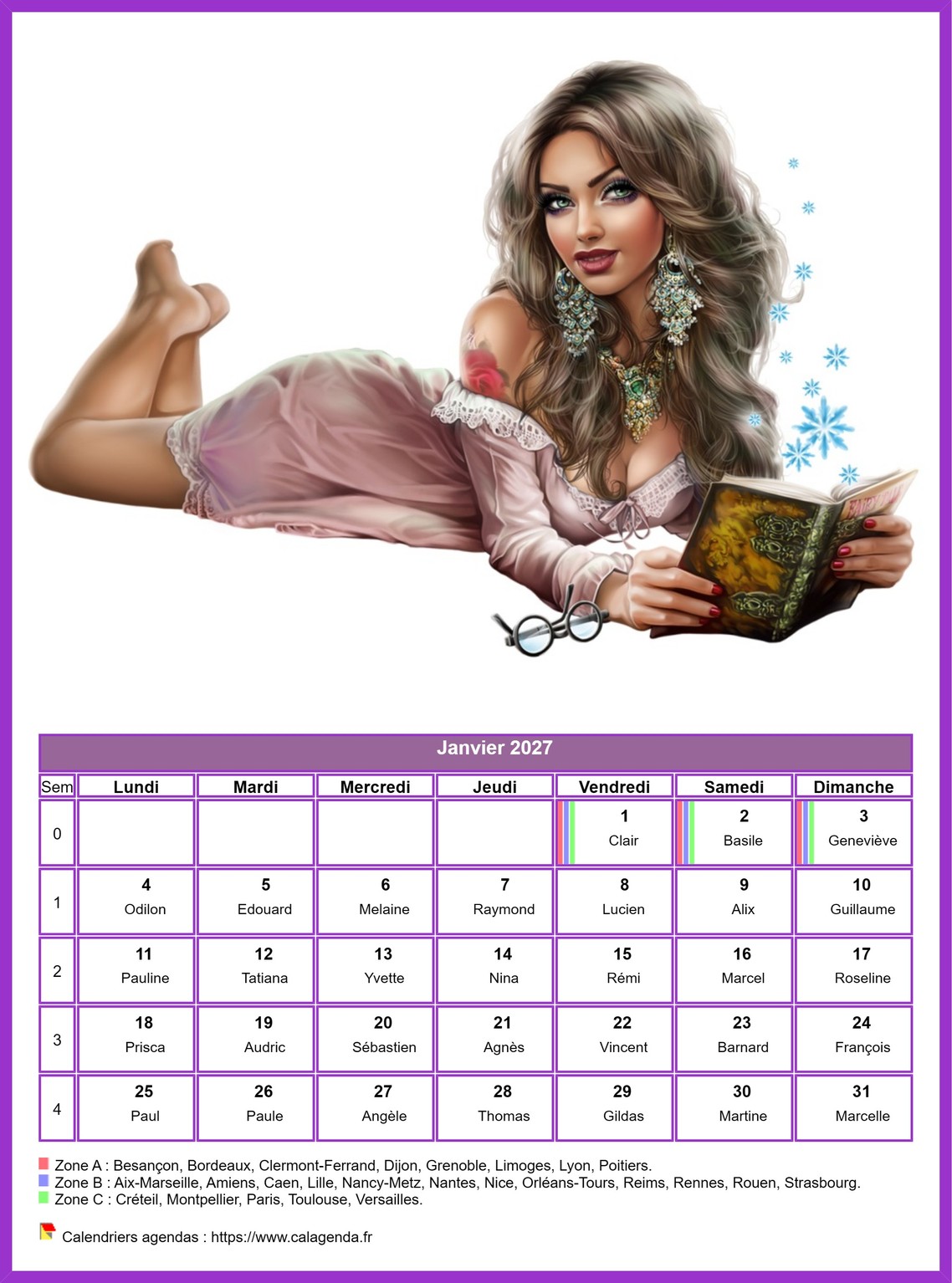 Calendrier janvier 2027 femmes