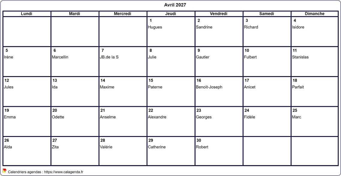 Calendrier avril 2027 à imprimer vierge, avec les fêtes