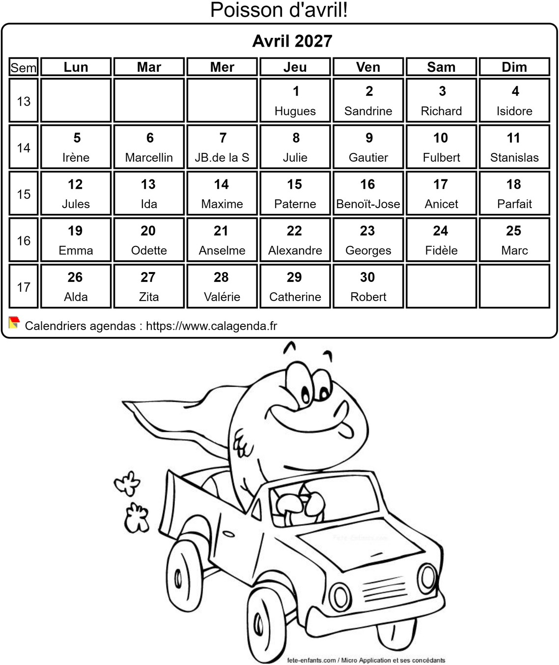 Calendrier 2027 à colorier du mois d'avril