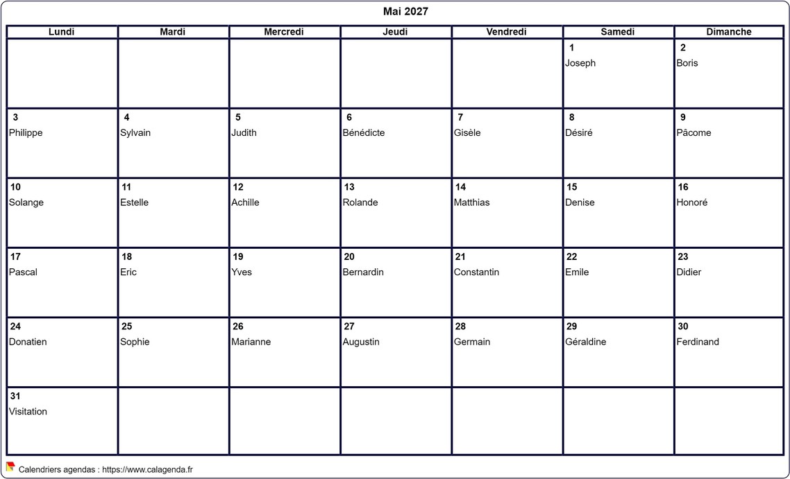 Calendrier mai 2027 à imprimer vierge, avec les fêtes
