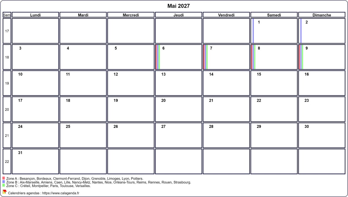 Calendrier mai 2027 personnalisable avec les vacances scolaires