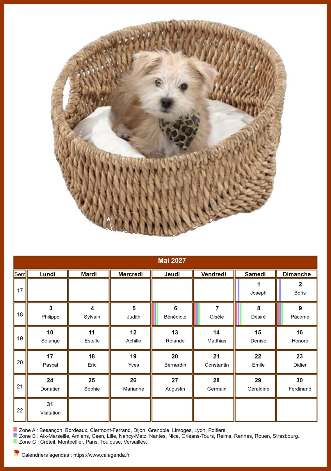 Calendrier mai 2027 chiens