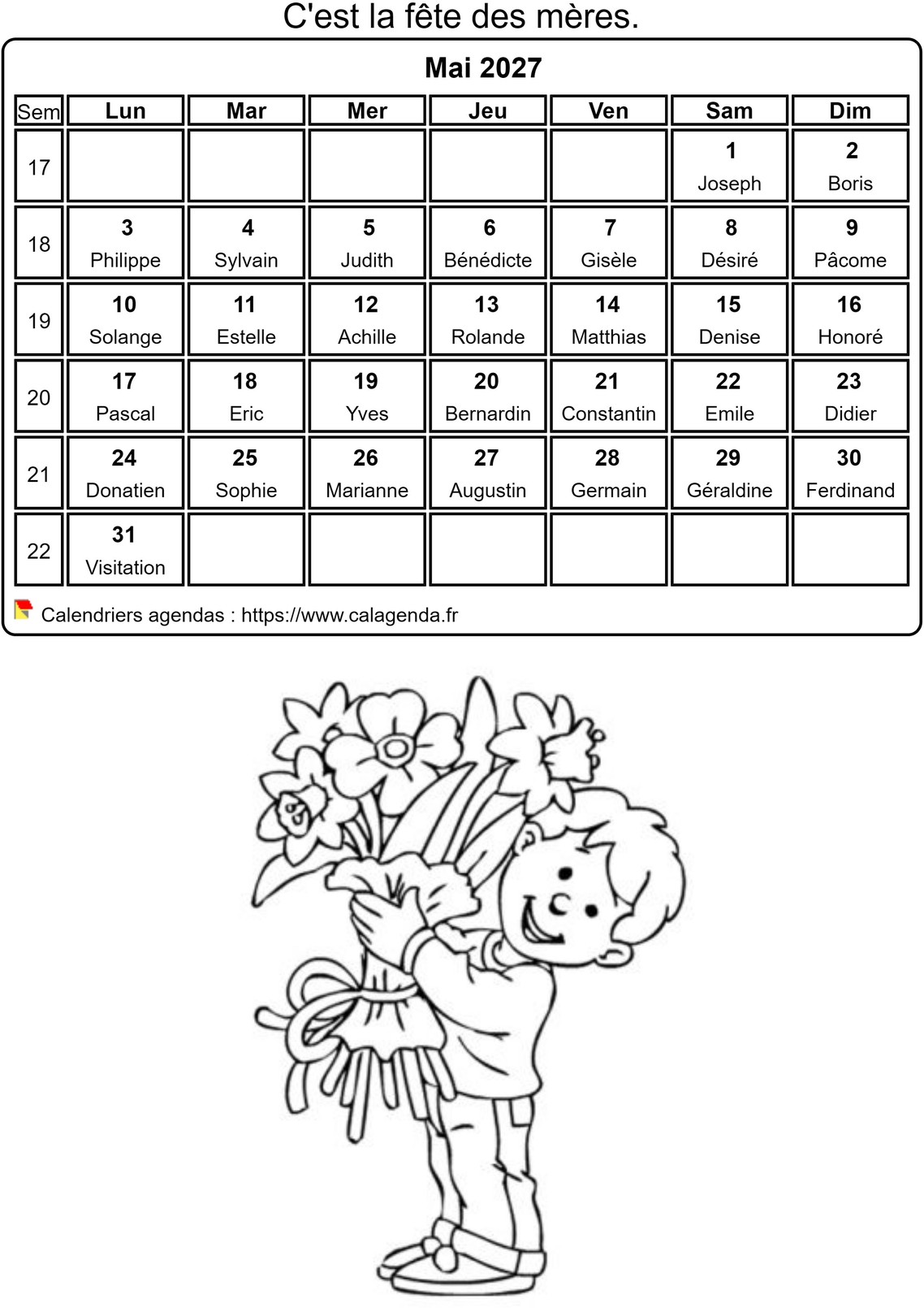 Calendrier 2027 à colorier du mois de mai