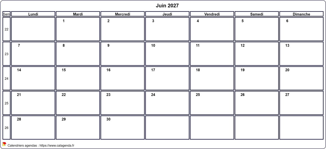Calendrier juin 2027 personnalisable avec les vacances scolaires