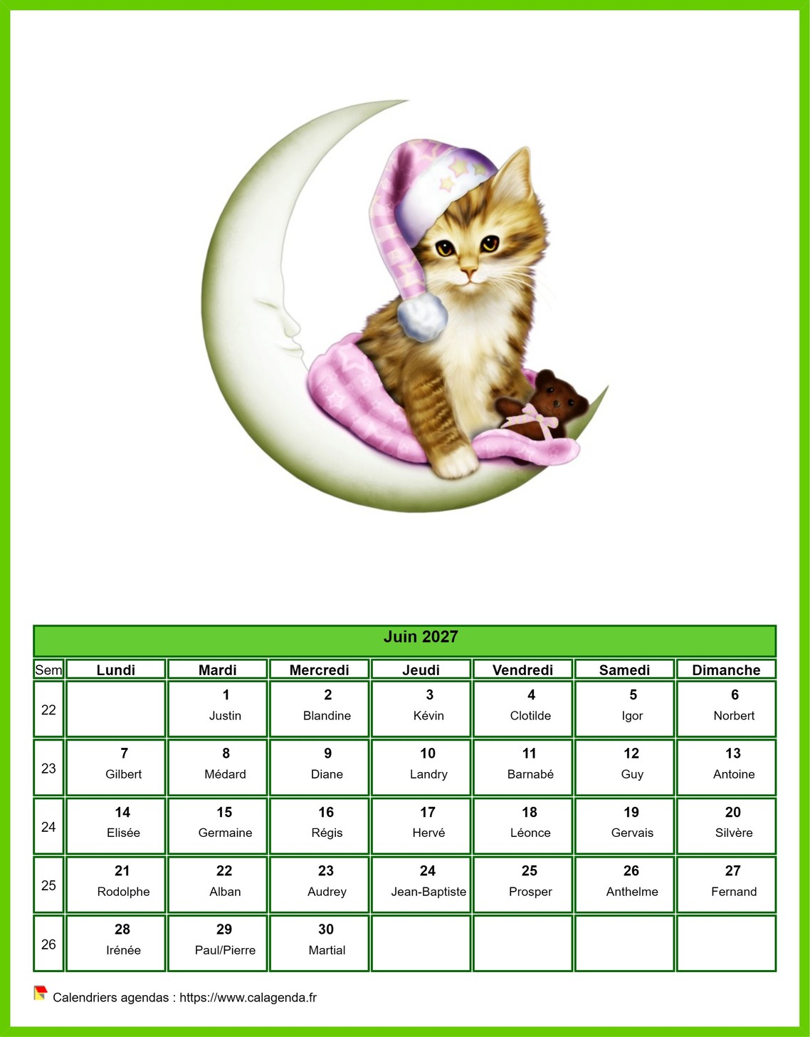 Calendrier juin 2027 chats
