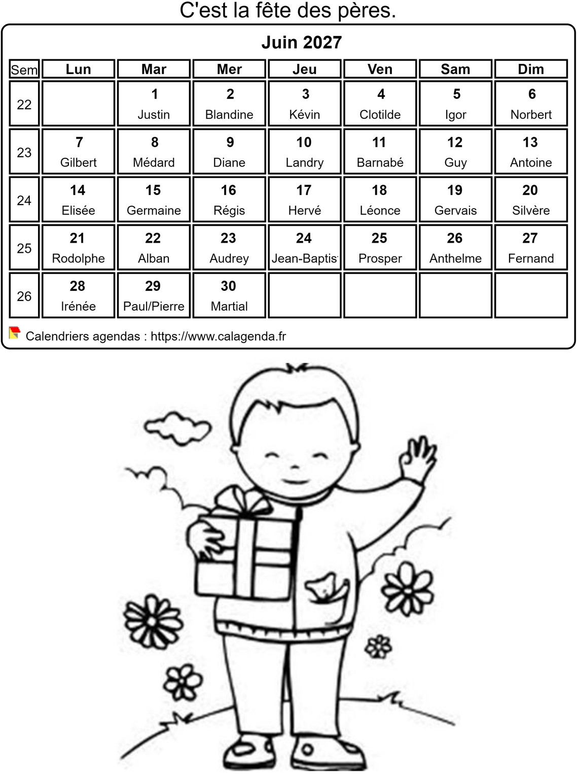 Calendrier 2027 à colorier du mois de juin