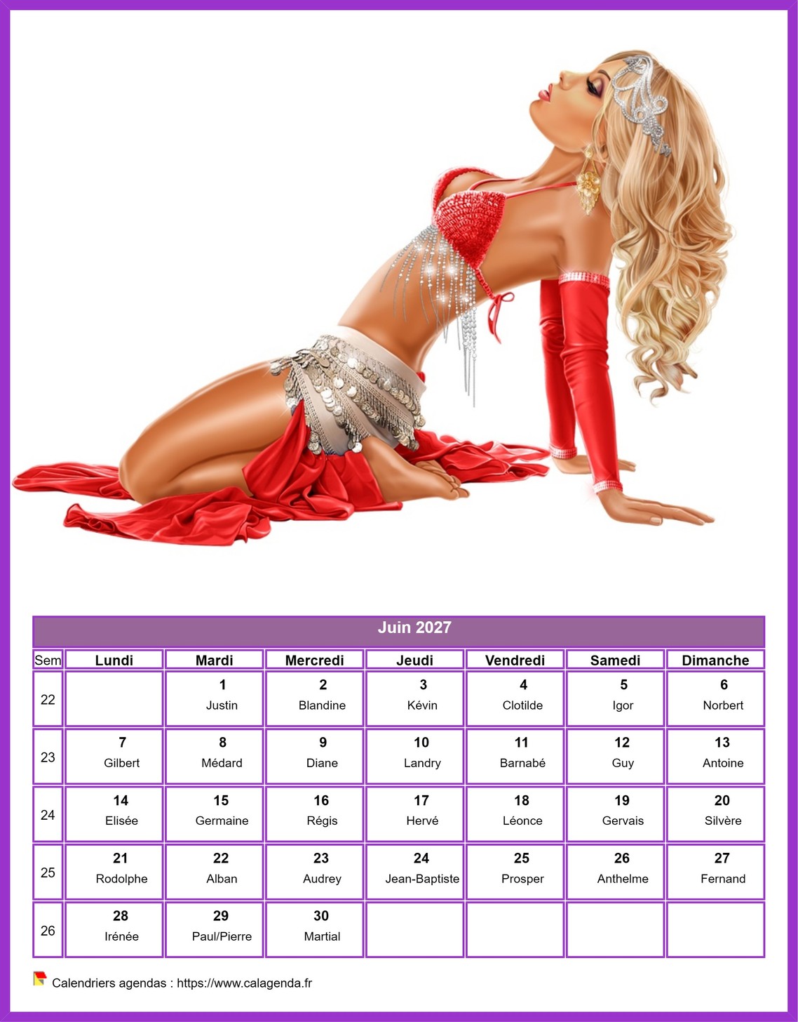 Calendrier juin 2027 femmes