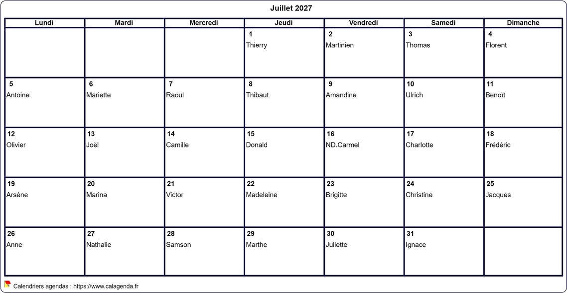 Calendrier juillet 2027 à imprimer vierge, avec les fêtes