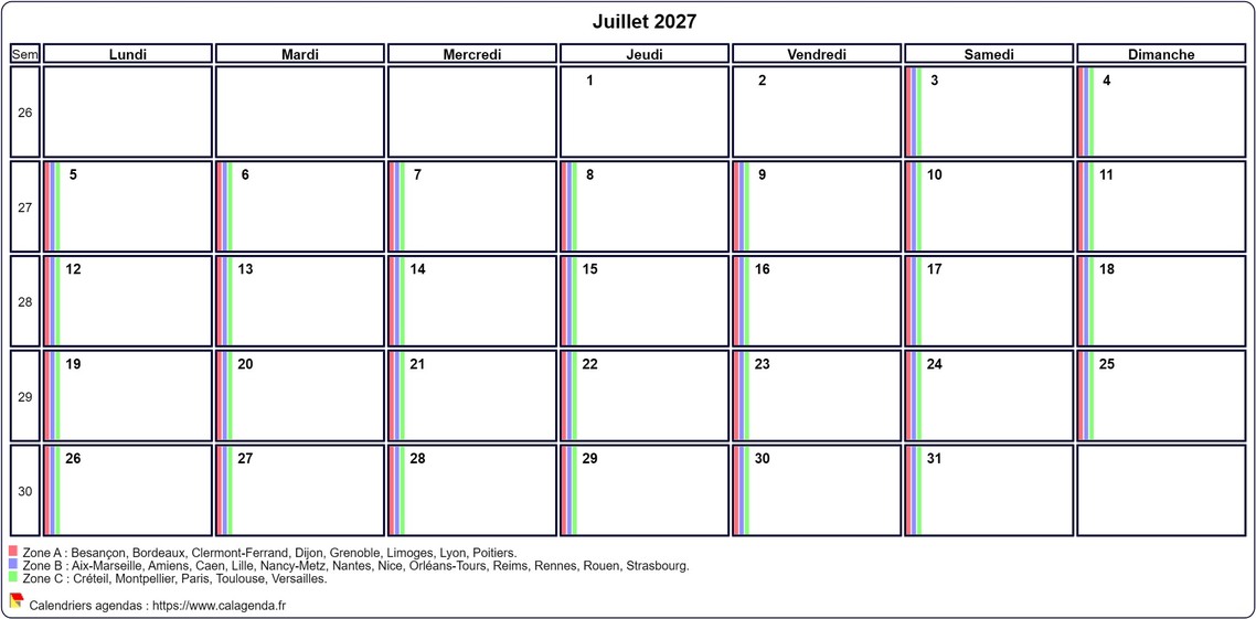 Calendrier juillet 2027 personnalisable avec les vacances scolaires