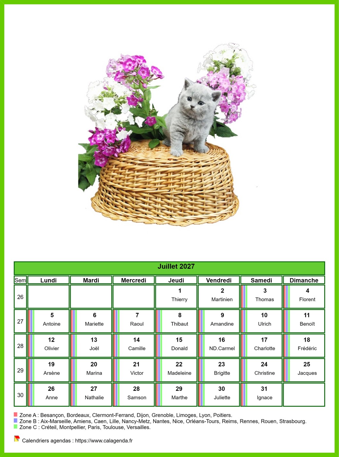 Calendrier juillet 2027 chats