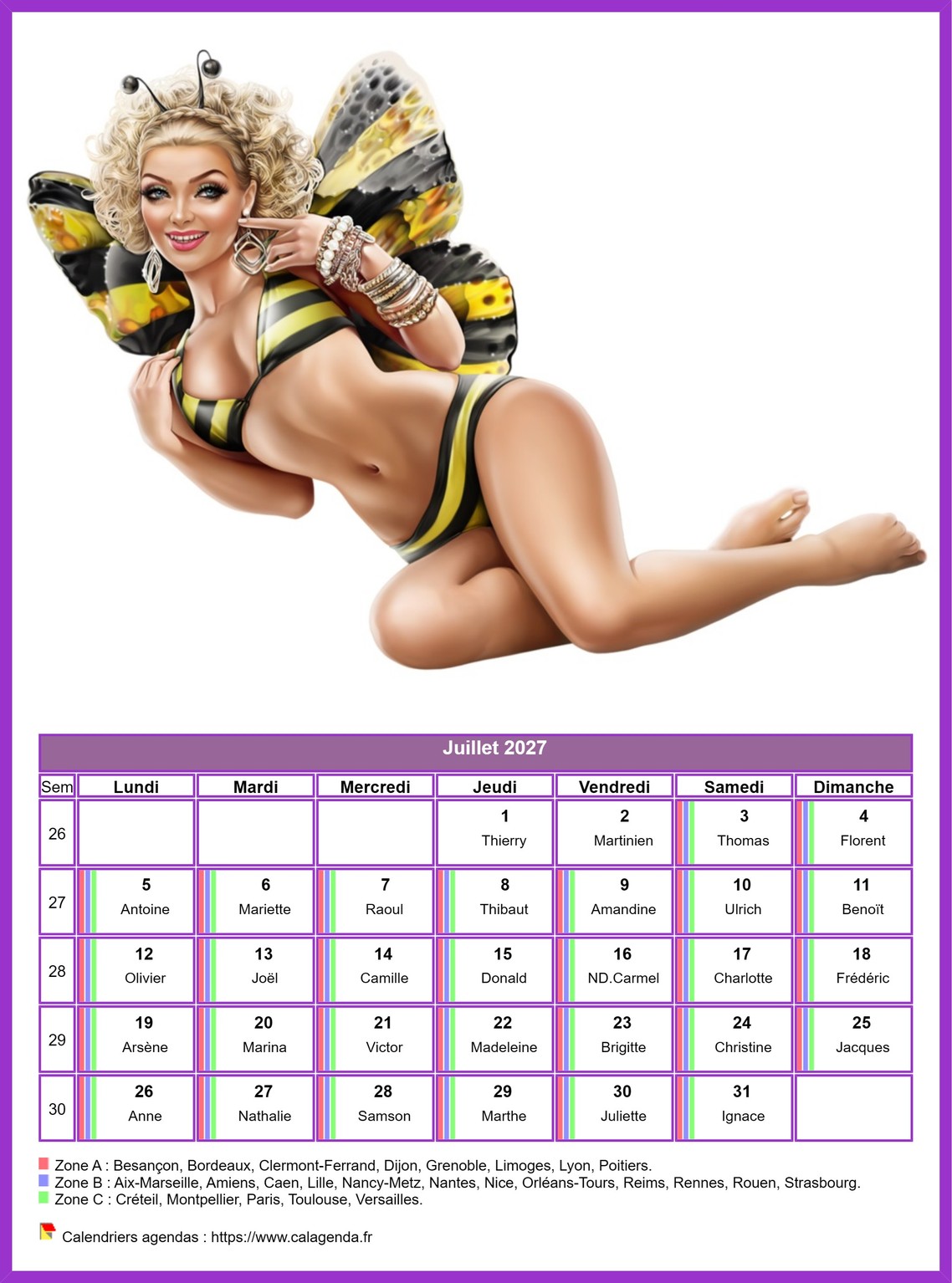Calendrier juillet 2027 femmes
