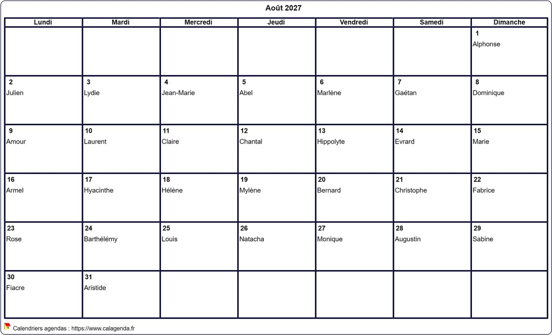 Calendrier août 2027 à imprimer vierge, avec les fêtes