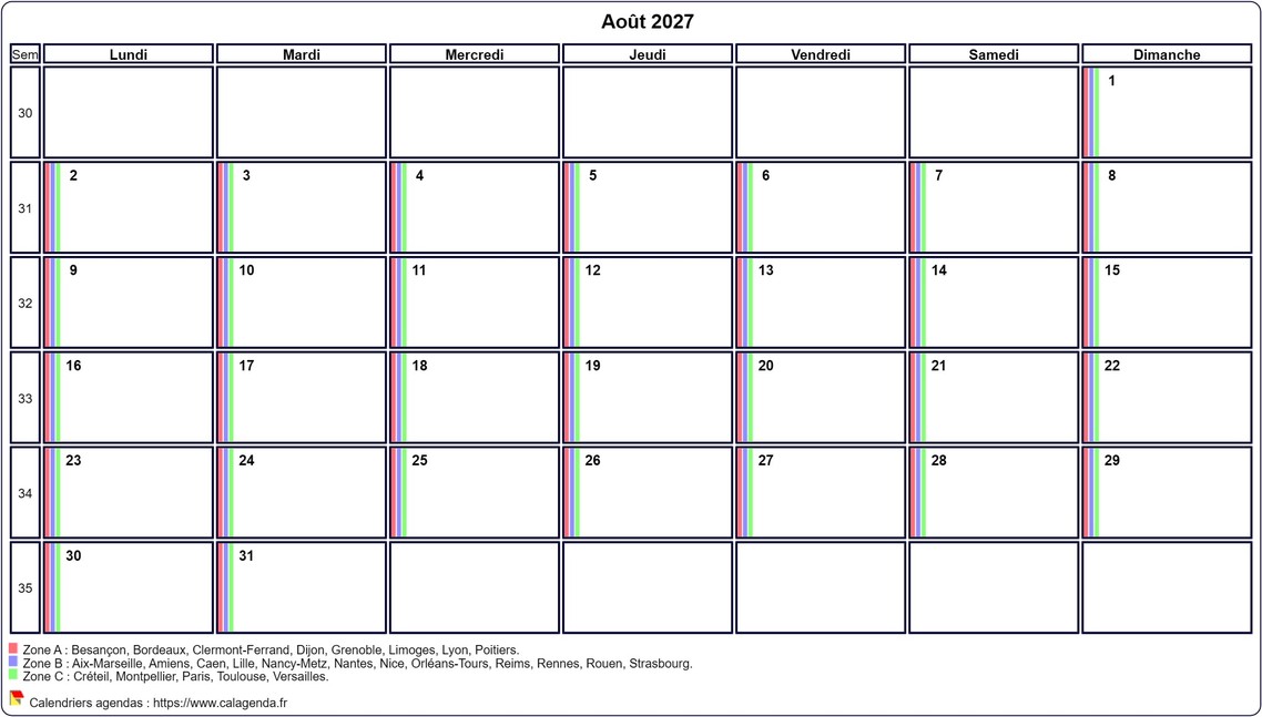 Calendrier août 2027 personnalisable avec les vacances scolaires