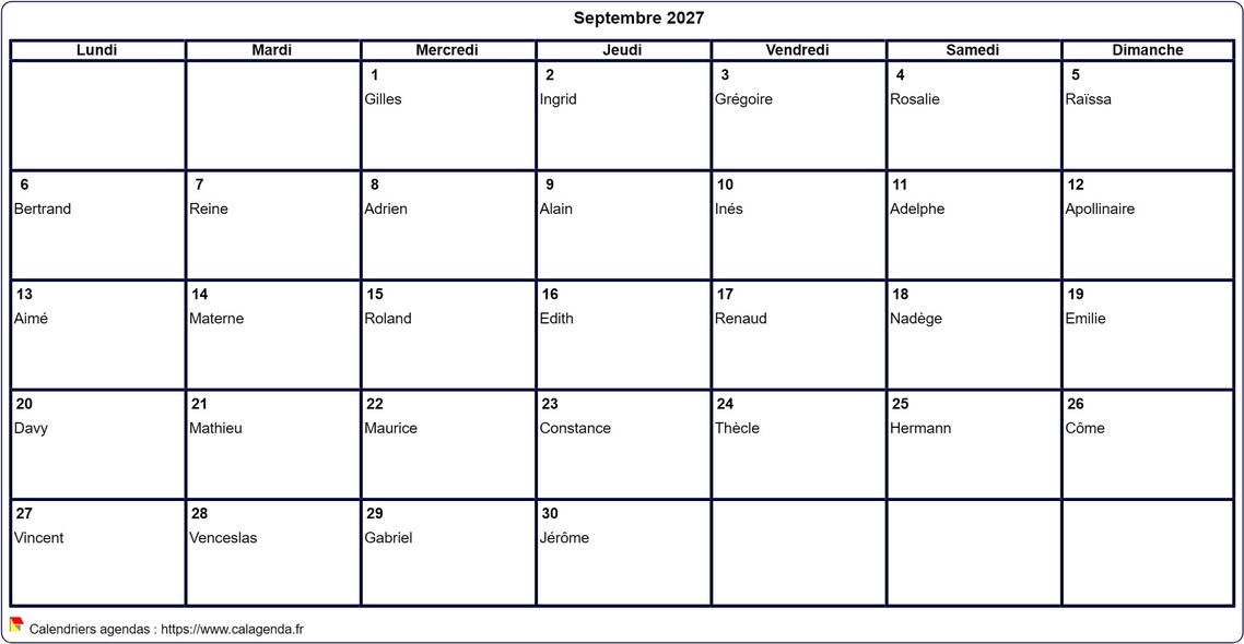 Calendrier septembre 2027 à imprimer vierge, avec les fêtes
