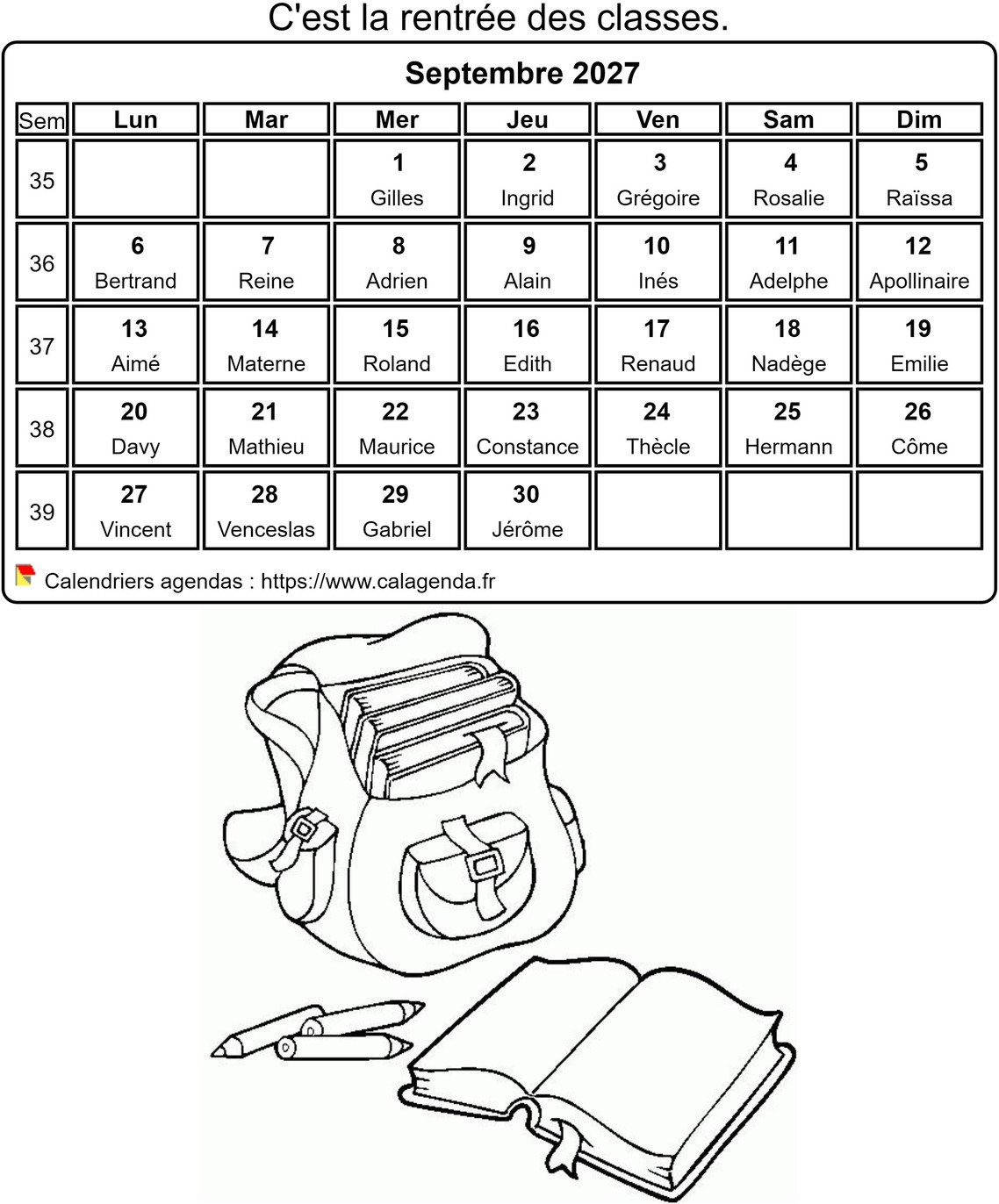 Calendrier 2027 à colorier du mois de septembre
