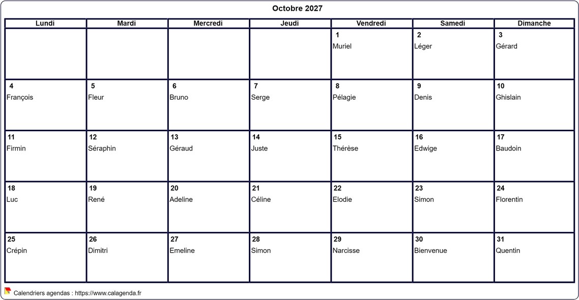 Calendrier octobre 2027 à imprimer vierge, avec les fêtes