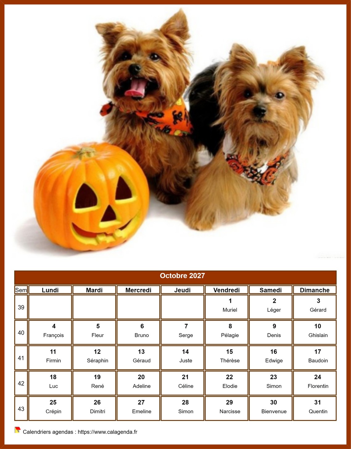 Calendrier octobre 2027 chiens