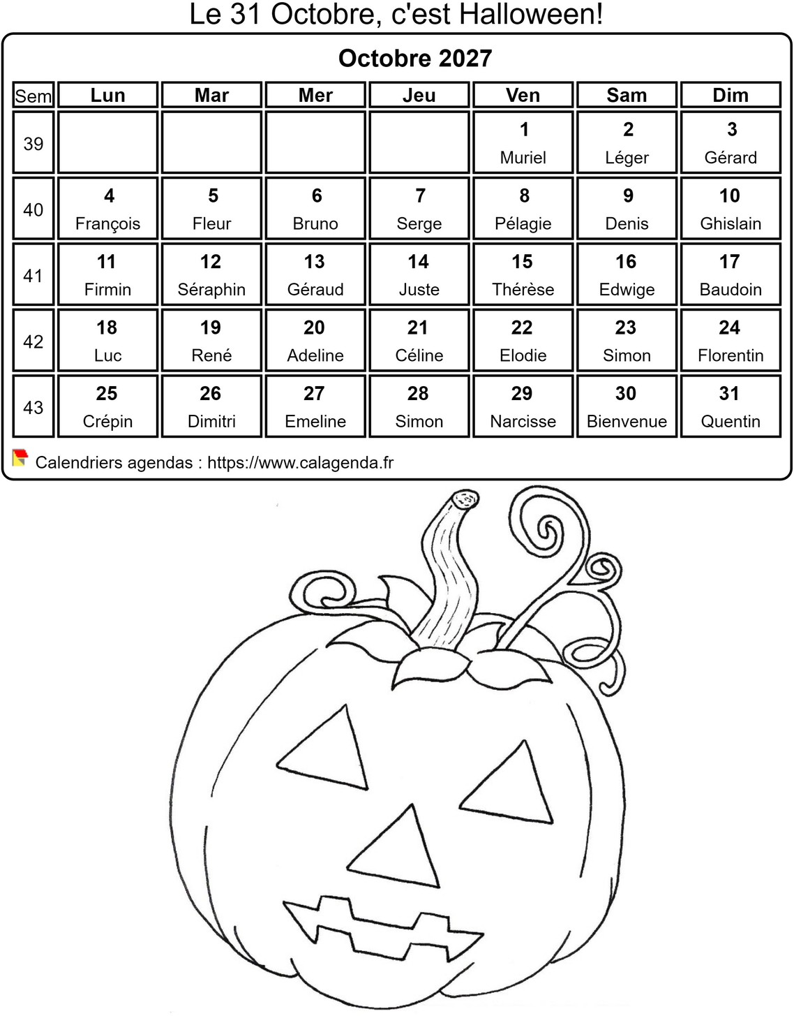 Calendrier 2027 à colorier du mois d'octobre
