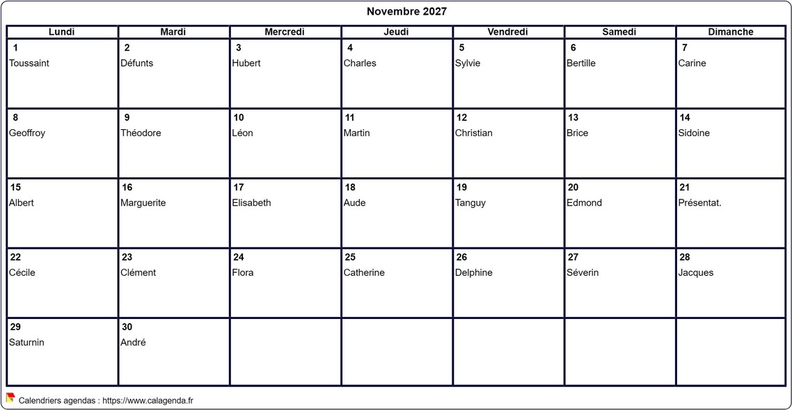 Calendrier novembre 2027 à imprimer vierge, avec les fêtes