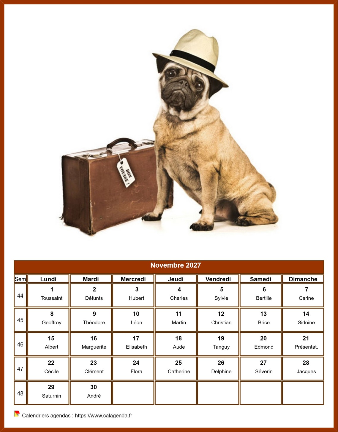 Calendrier novembre 2027 chiens