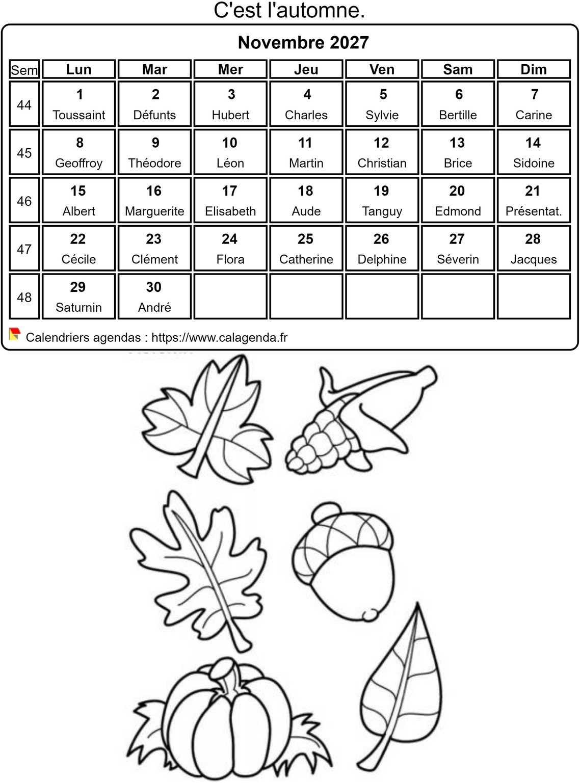 Calendrier 2027 à colorier du mois de novembre