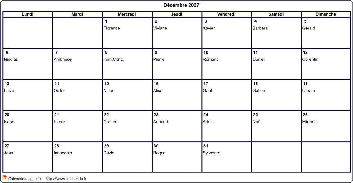 Calendrier décembre 2027 à imprimer vierge, avec les fêtes