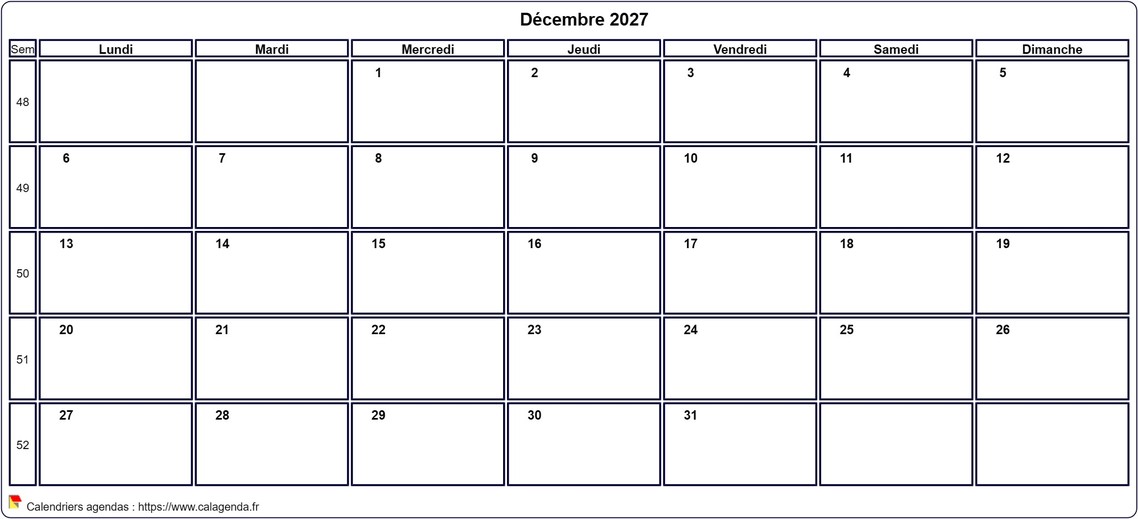 Calendrier décembre 2027 personnalisable avec les vacances scolaires