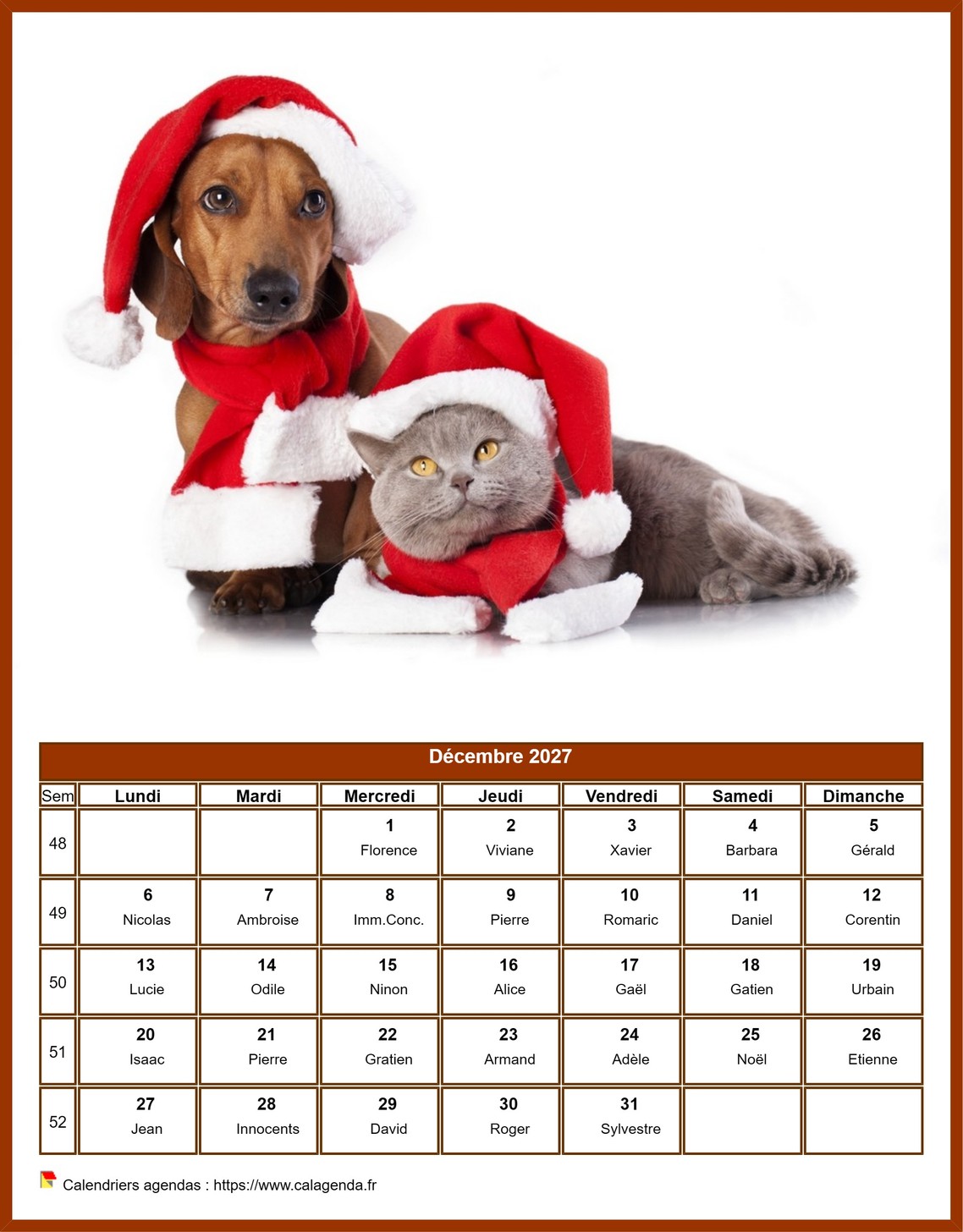 Calendrier décembre 2027 chiens