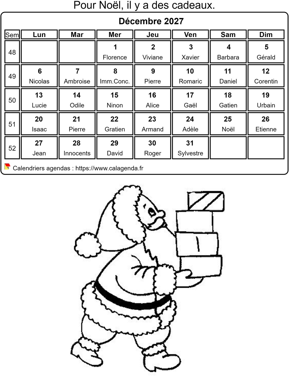 Calendrier 2027 à colorier du mois de décembre