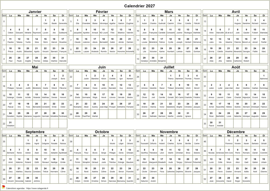 Calendrier 2027 à imprimer, annuel avec les fêtes, format paysage, sous-main ou mural