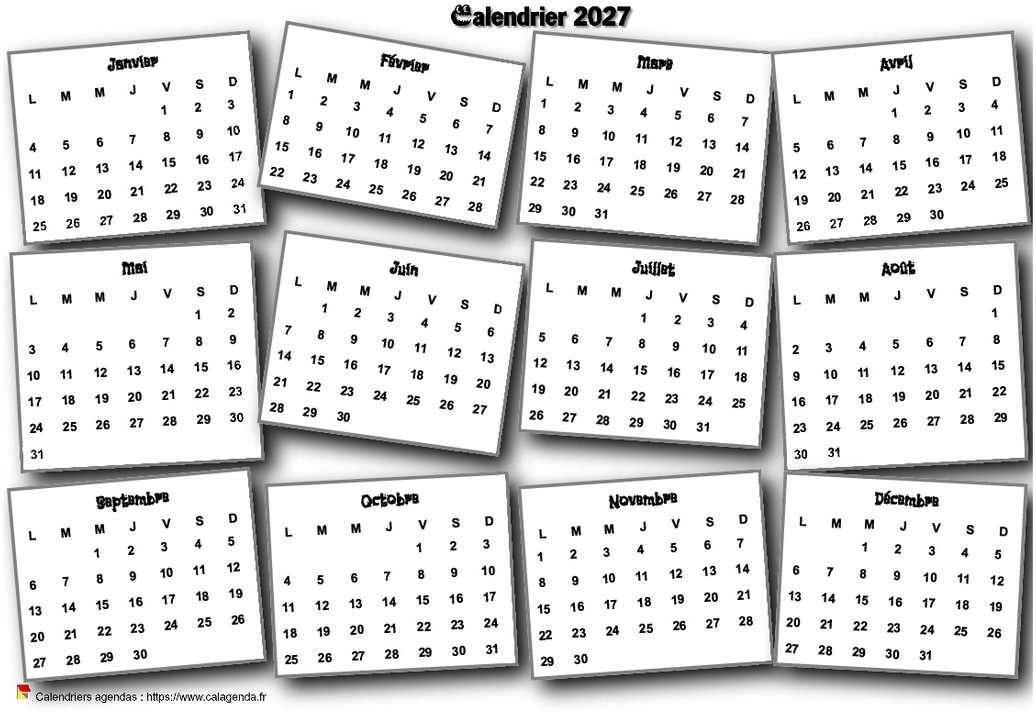 Calendrier 2027 annuel 3D pêle mêle