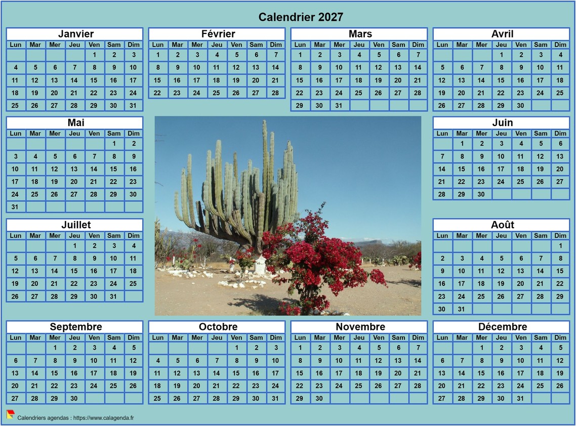 Calendrier 2027 photo annuel à imprimer, fond cyan, format paysage, sous-main ou mural