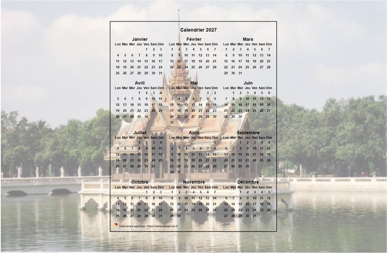 Calendrier 2027 annuel à imprimer, format paysage, une ligne par trimestre, incrusté au centre d'une photo Calendrier 2027 annuel à imprimer, format paysage, une ligne par trimestre, incrusté au centre d'une photo
