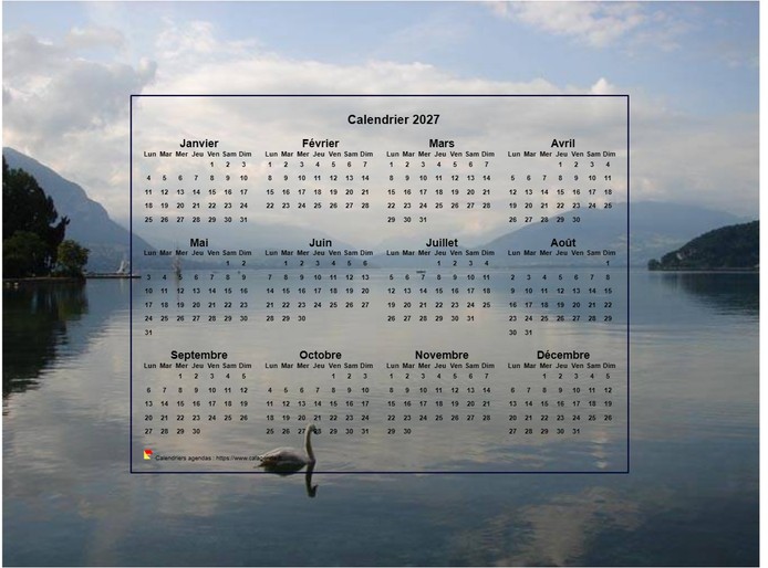 Calendrier 2027 annuel, format paysage, quatre colonnes par trois lignes, incrusté au centre d'une photo Calendrier 2027 annuel, format paysage, quatre colonnes par trois lignes, incrusté au centre d'une photo
