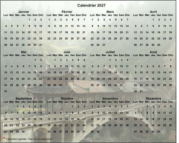 Calendrier 2027 annuel à imprimer, format paysage, quatre colonnes par trois lignes, par dessus une photo Calendrier 2027 annuel à imprimer, format paysage, quatre colonnes par trois lignes, par dessus une photo
