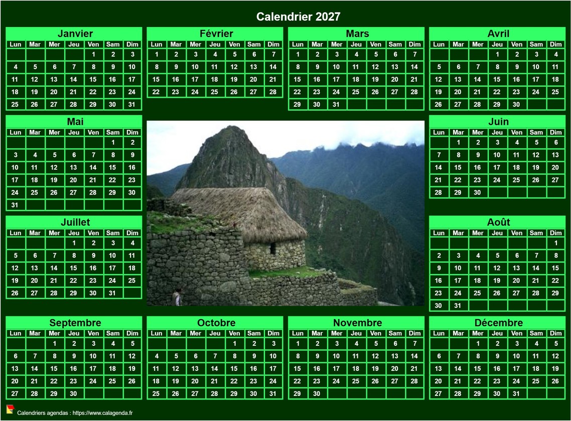 Calendrier 2027 photo annuel à imprimer, fond vert, format paysage