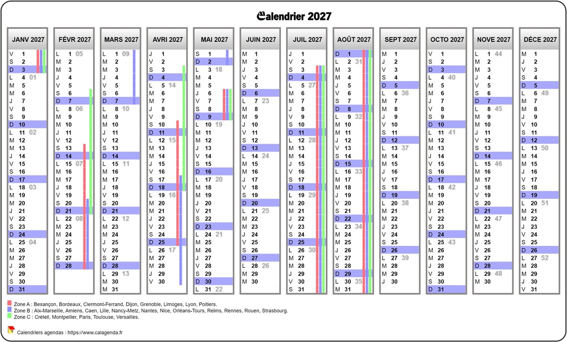 Calendrier 2027 scolaire avec agenda et les numéros de semaine